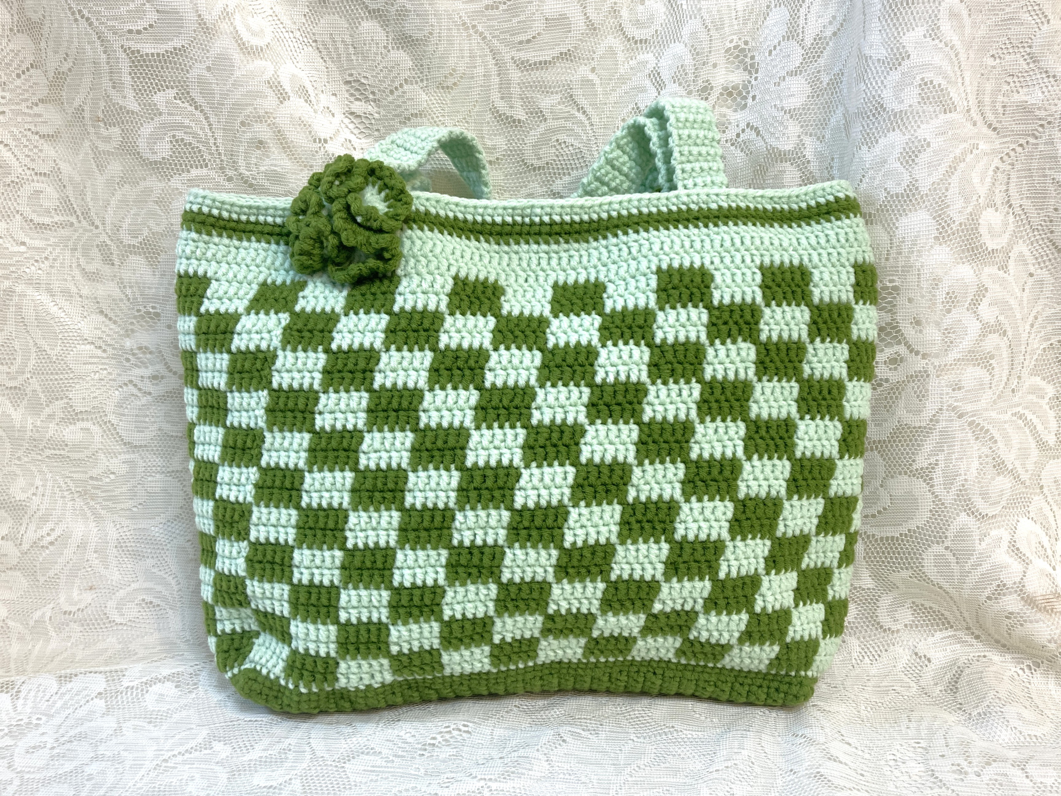 グリーンミックス ギンガムチェックバッグ/バッグ手編み/かぎ針編み/手作り