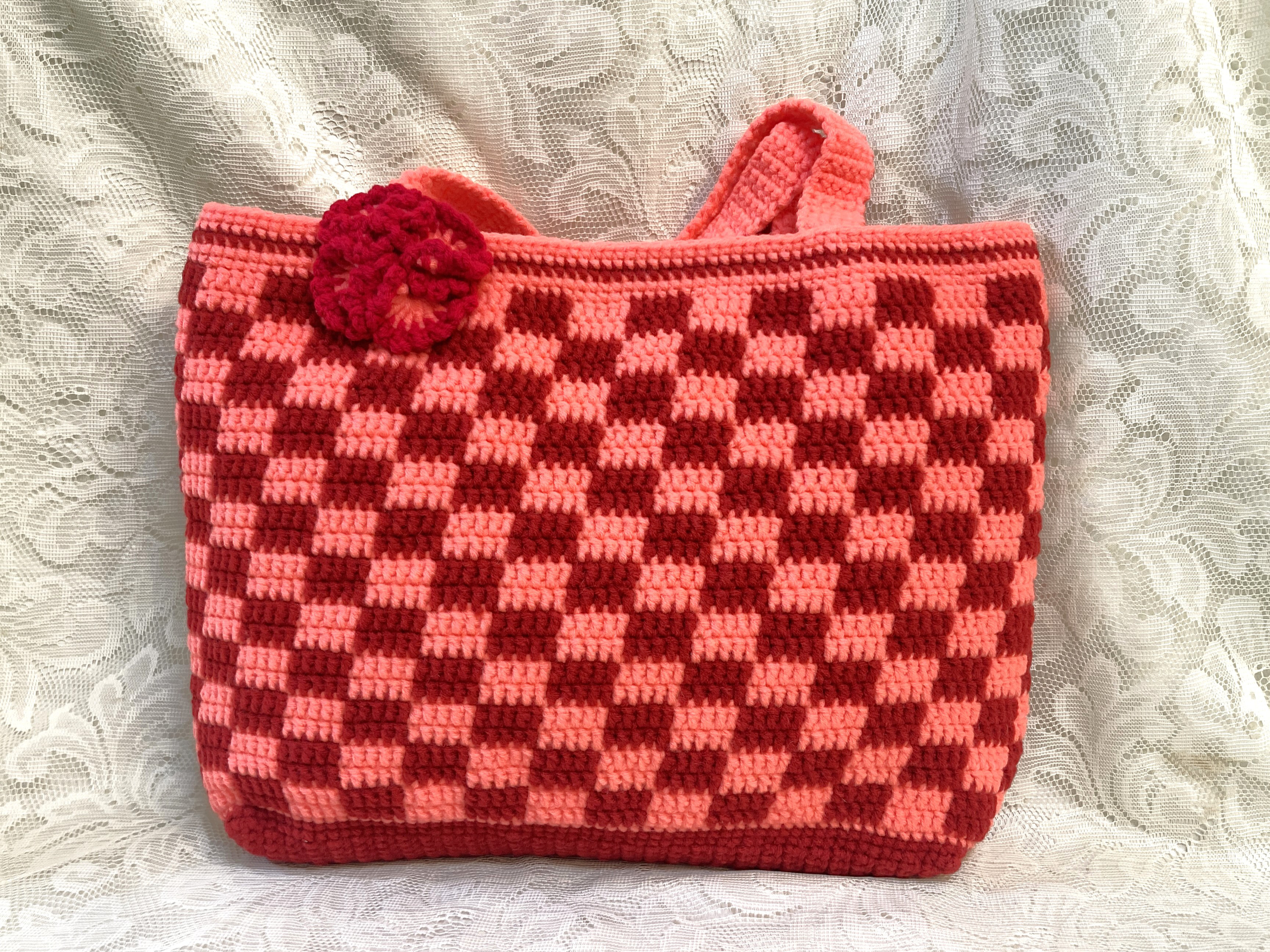 レッドミックス ギンガムチェックバッグ/バッグ手編み/かぎ針編み/手作り
