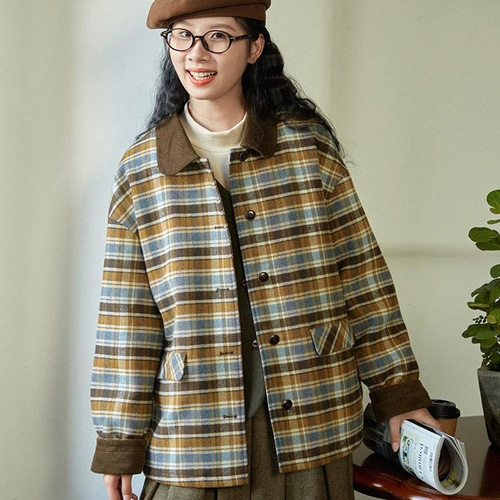 レトロモダンチェック柄 裏キルティング仕様ミドル丈コート ポケット