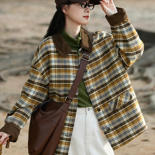 レトロモダンチェック柄 裏キルティング仕様ミドル丈コート ゆったり