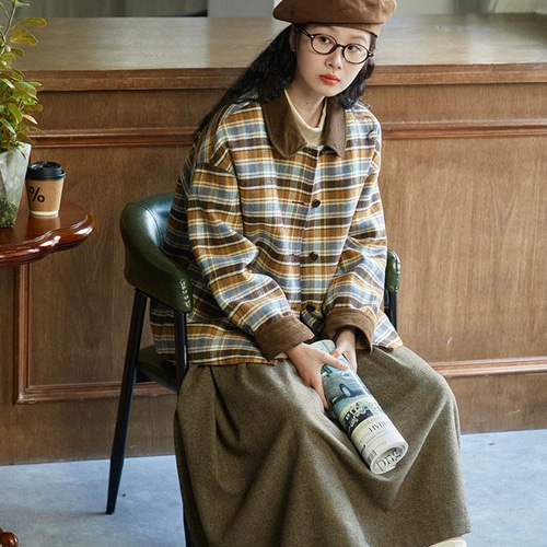 レトロモダンチェック柄 裏キルティング仕様ミドル丈コート ポケット