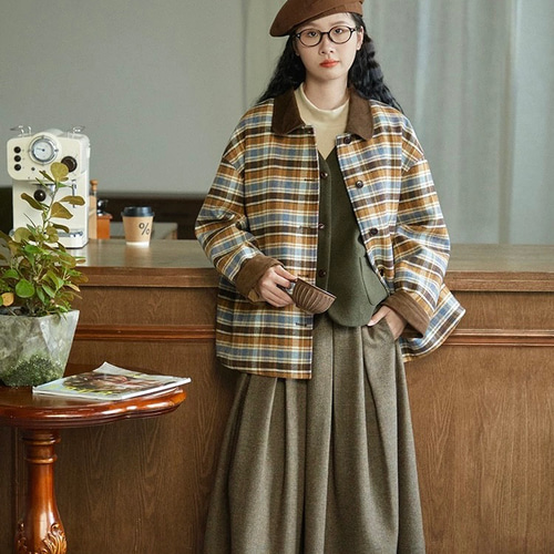 レトロモダンチェック柄 裏キルティング仕様ミドル丈コート ポケット