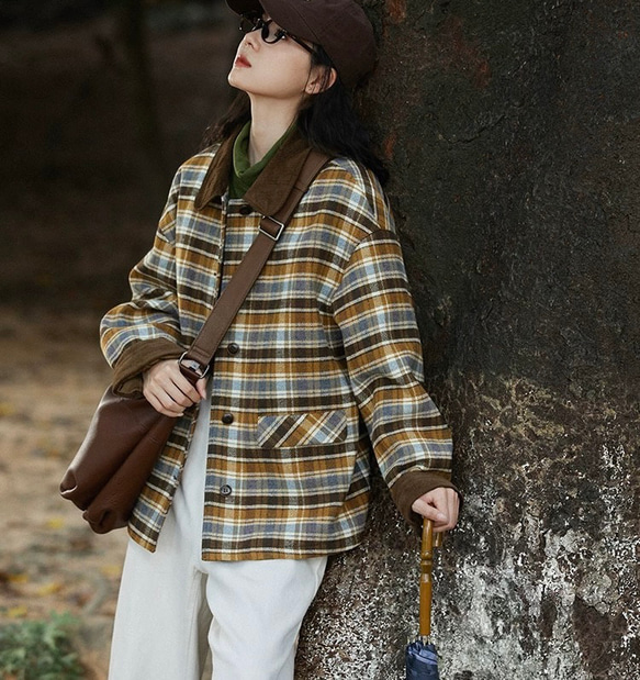 レトロモダンチェック柄 裏キルティング仕様ミドル丈コート ポケット