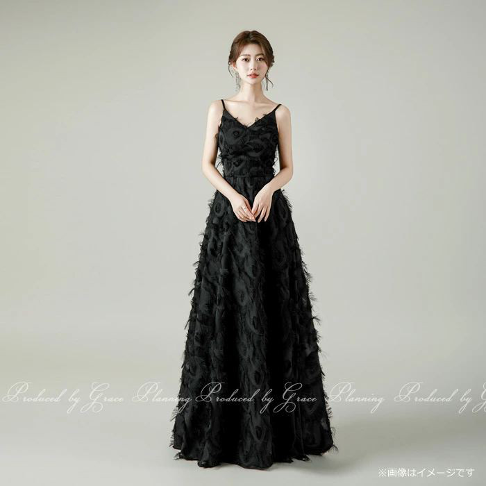 新作カラードレス 黒 ブラック 演奏会ドレス 肩紐 背中ファスナー フェザーモチーフ 舞台 パーティ cd80070