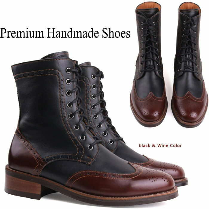 レザーブーツ ウィングチップレザー配色切り替えブーツ ハンドメイド ブーツ レザーブーツ 本革ブーツ