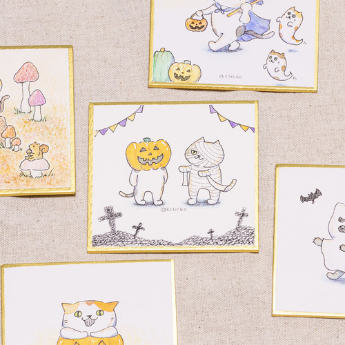原画 豆色紙 おばけ ねこ 75mm / ハロウィン 仮装 ネコ 水彩 イラスト