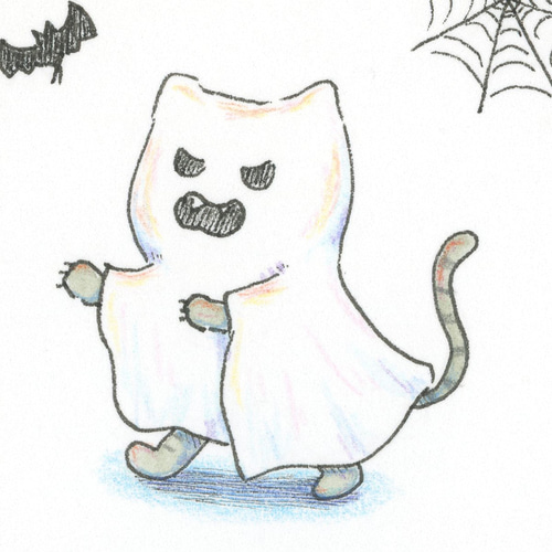 原画 豆色紙 おばけ ねこ 75mm / ハロウィン 仮装 ネコ 水彩 イラスト