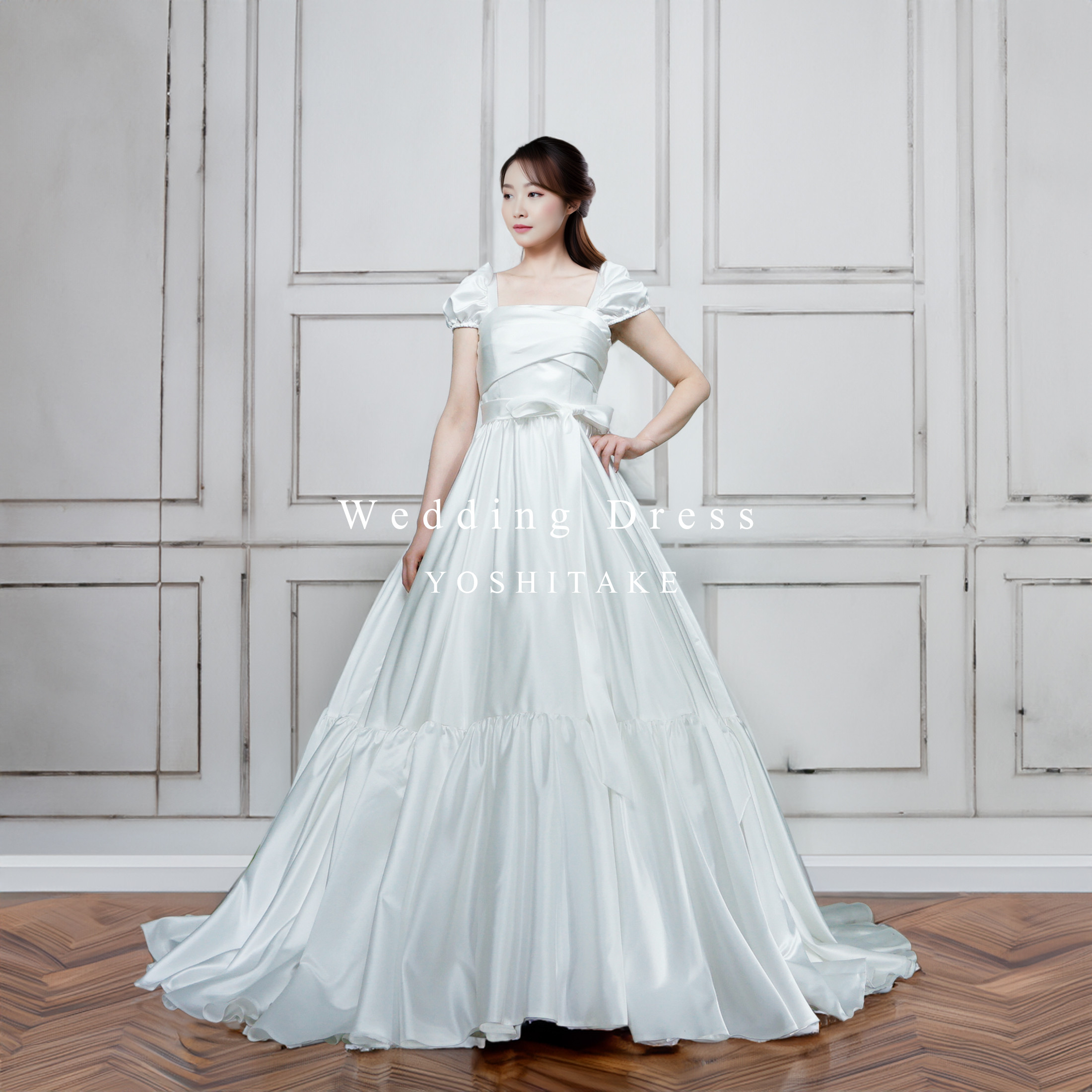 【オーダー制作】ウエディングドレス.白.サテン.パフスリーブ.Aライン.リボン.Y1531
