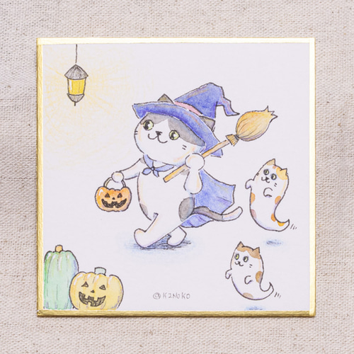 ミニミニ色紙 豆色紙 魔女 ねこ 原画 / ハロウィン 仮装 ネコ 水彩