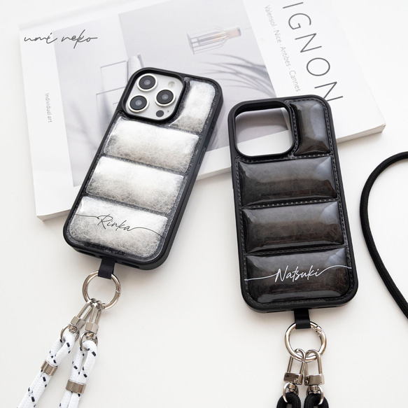 【 フェザー in ダウンジャケット風 スマホケース 名入れ 】 スマホショルダー パーツ付き クッション OS51U 1枚目の画像