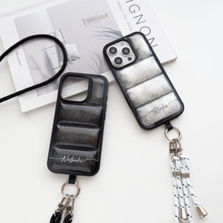 【 フェザー in ダウンジャケット風 スマホケース 名入れ 】 スマホショルダー パーツ付き クッション OS51U 13枚目の画像