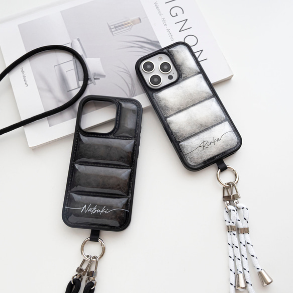 【 フェザー in ダウンジャケット風 スマホケース 名入れ 】 スマホショルダー パーツ付き クッション OS51U 13枚目の画像