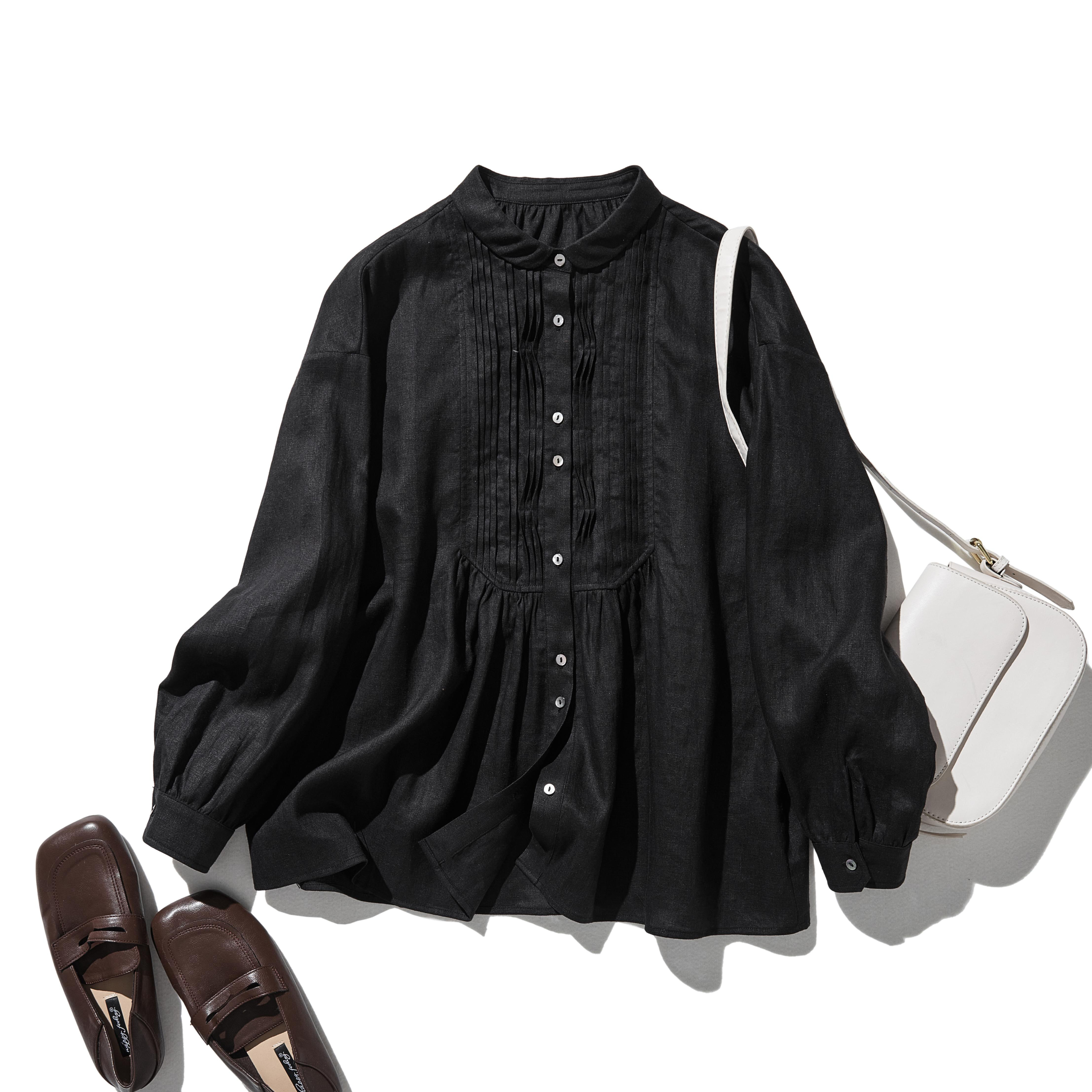 洗練された印象を叶える　大人のきれいめシャツブラウス 長袖ブラウス　リネン100％　ブラック　250920-2