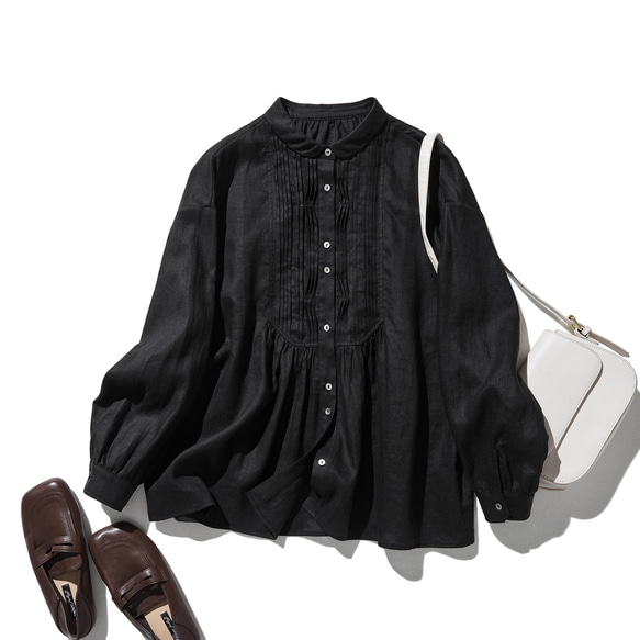 洗練された印象を叶える　大人のきれいめシャツブラウス 長袖ブラウス　リネン100％　ブラック　250920-2 1枚目の画像