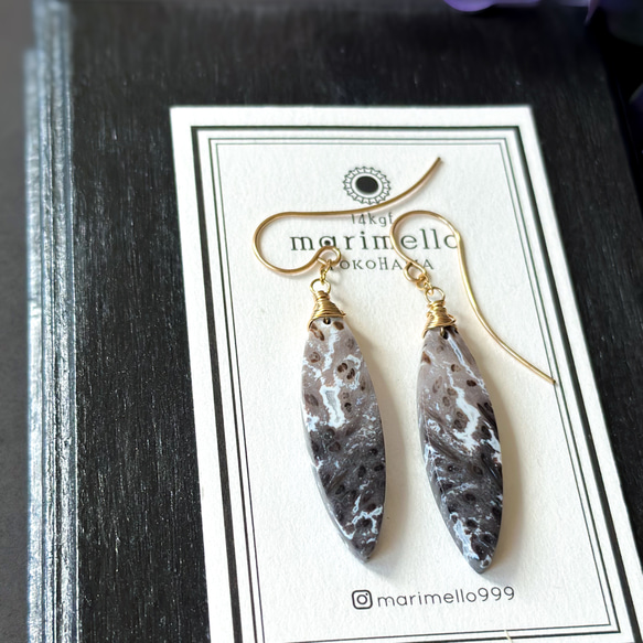 14kgf*大人シック*パームウッドアゲートの一粒ピアス／イヤリング*1点物 3枚目の画像