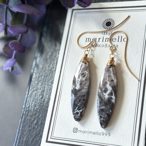 14kgf*大人シック*パームウッドアゲートの一粒ピアス／イヤリング*1点物 4枚目の画像