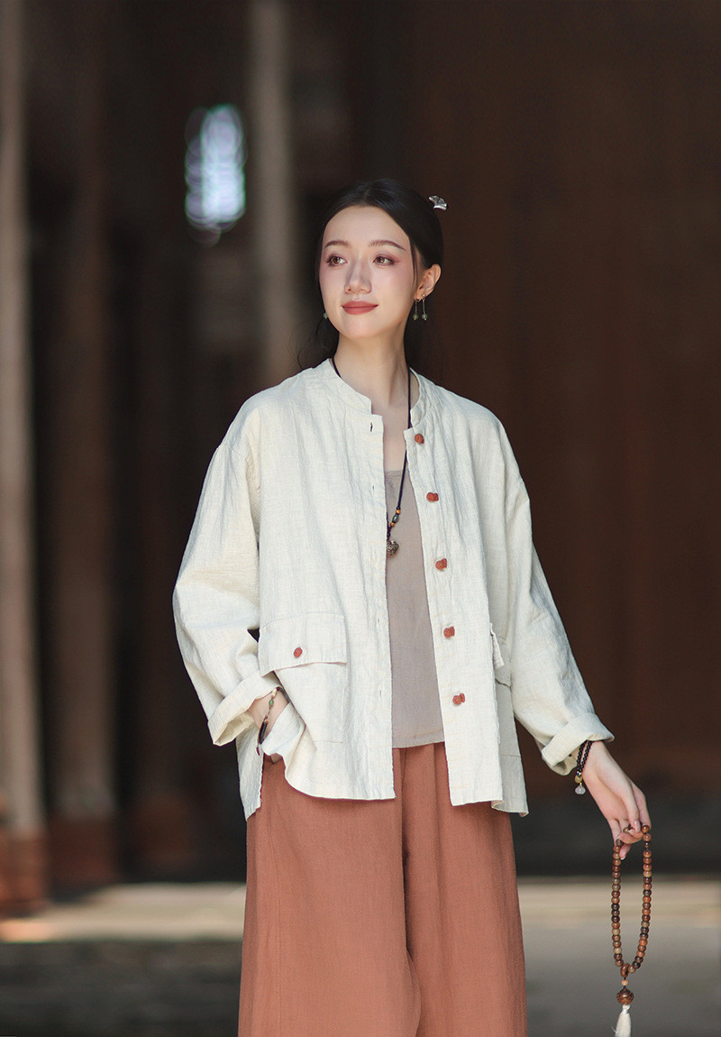 コットンラミー麻 シャツ 中国結びボタン コンビカラー 秋の新作 天然素材 ゆったりシルエット #麻色