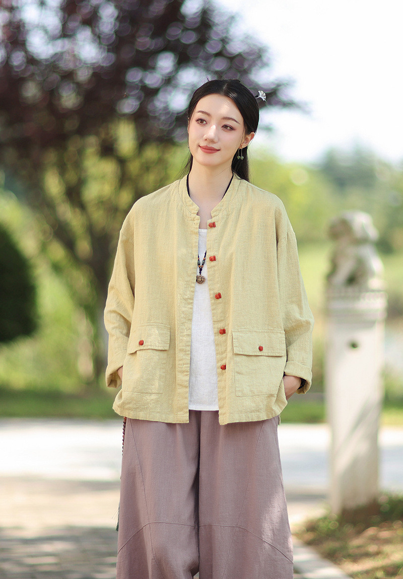 コットンラミー麻 シャツ 中国結びボタン コンビカラー 秋の新作 天然素材 ゆったりシルエット #黄色