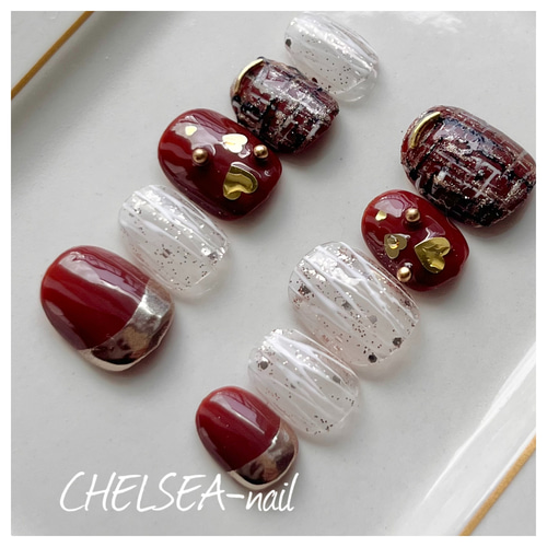 ツイード×ハートミラーネイル(ブラウン) ネイルチップ（つけ爪