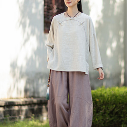 ラミーTシャツ 中国結びボタン 秋の新作 オリジナルデザイン レディース 長袖 ナチュラル素材 #麻色 8枚目の画像