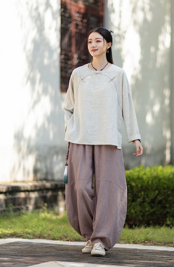 ラミーTシャツ 中国結びボタン 秋の新作 オリジナルデザイン レディース 長袖 ナチュラル素材 #麻色 8枚目の画像