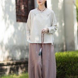 ラミーTシャツ 中国結びボタン 秋の新作 オリジナルデザイン レディース 長袖 ナチュラル素材 #麻色 10枚目の画像