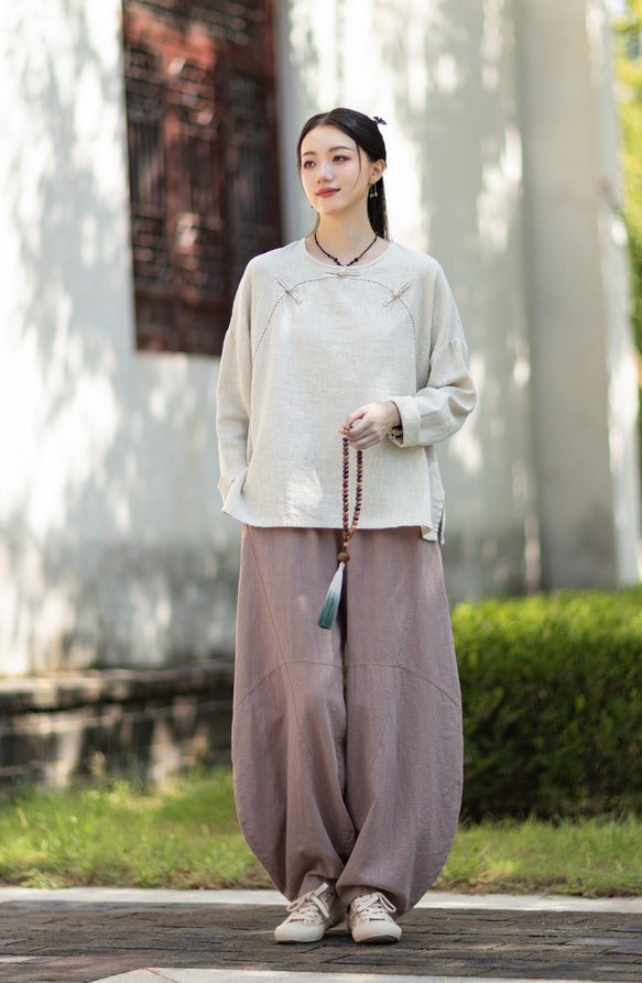 ラミーTシャツ 中国結びボタン 秋の新作 オリジナルデザイン レディース 長袖 ナチュラル素材 #麻色 10枚目の画像