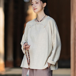 ラミーTシャツ 中国結びボタン 秋の新作 オリジナルデザイン レディース 長袖 ナチュラル素材 #麻色 3枚目の画像