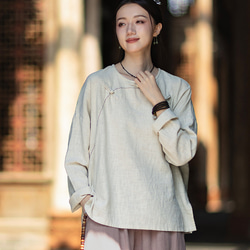 ラミーTシャツ 中国結びボタン 秋の新作 オリジナルデザイン レディース 長袖 ナチュラル素材 #麻色 2枚目の画像