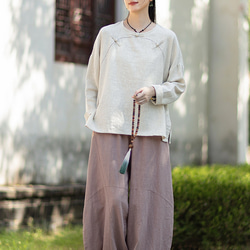 ラミーTシャツ 中国結びボタン 秋の新作 オリジナルデザイン レディース 長袖 ナチュラル素材 #麻色 11枚目の画像