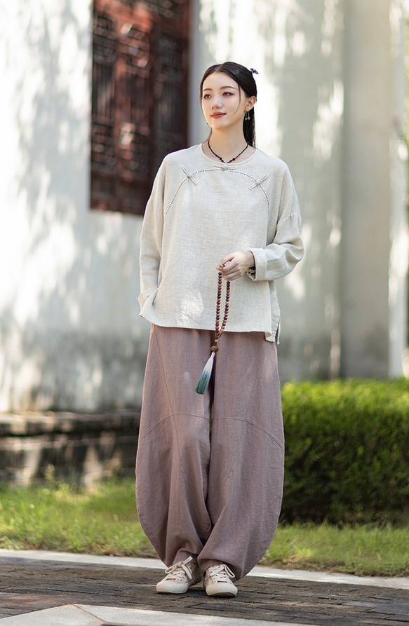 ラミーTシャツ 中国結びボタン 秋の新作 オリジナルデザイン レディース 長袖 ナチュラル素材 #麻色 11枚目の画像