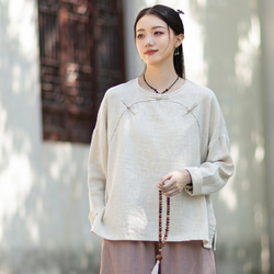 ラミーTシャツ 中国結びボタン 秋の新作 オリジナルデザイン レディース 長袖 ナチュラル素材 #麻色 7枚目の画像