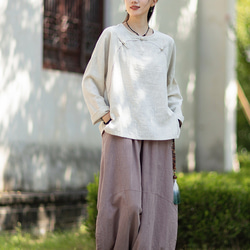 ラミーTシャツ 中国結びボタン 秋の新作 オリジナルデザイン レディース 長袖 ナチュラル素材 #麻色 9枚目の画像