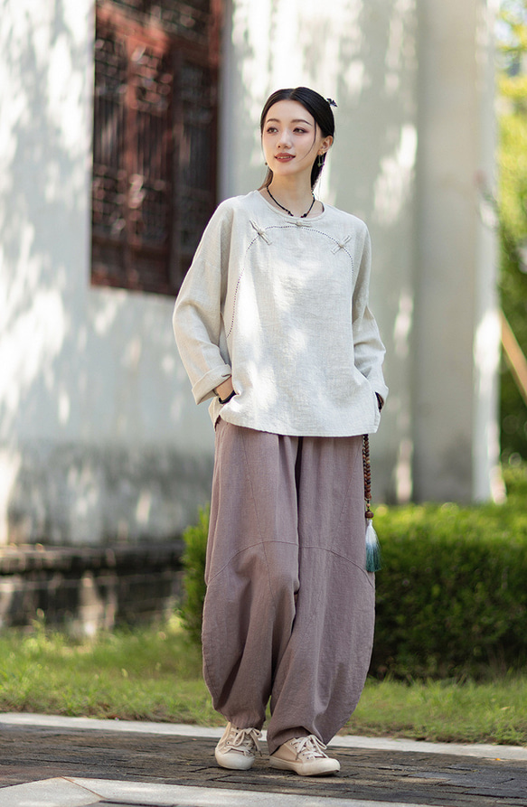 ラミーTシャツ 中国結びボタン 秋の新作 オリジナルデザイン レディース 長袖 ナチュラル素材 #麻色 9枚目の画像