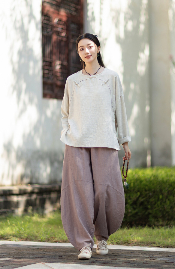 ラミーTシャツ 中国結びボタン 秋の新作 オリジナルデザイン レディース 長袖 ナチュラル素材 #麻色 13枚目の画像