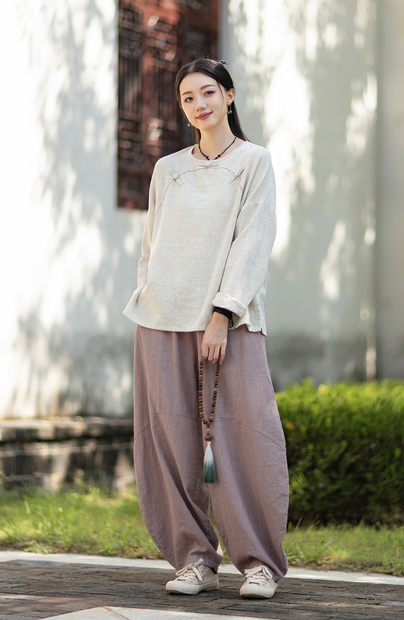 ラミーTシャツ 中国結びボタン 秋の新作 オリジナルデザイン レディース 長袖 ナチュラル素材 #麻色 12枚目の画像