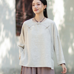 ラミーTシャツ 中国結びボタン 秋の新作 オリジナルデザイン レディース 長袖 ナチュラル素材 #麻色 1枚目の画像