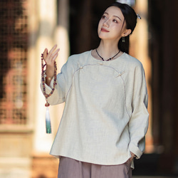 ラミーTシャツ 中国結びボタン 秋の新作 オリジナルデザイン レディース 長袖 ナチュラル素材 #麻色 5枚目の画像