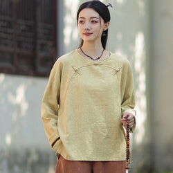 ラミーTシャツ 中国結びボタン 秋の新作 オリジナルデザイン レディース 長袖 ナチュラル素材 #黄色 6枚目の画像