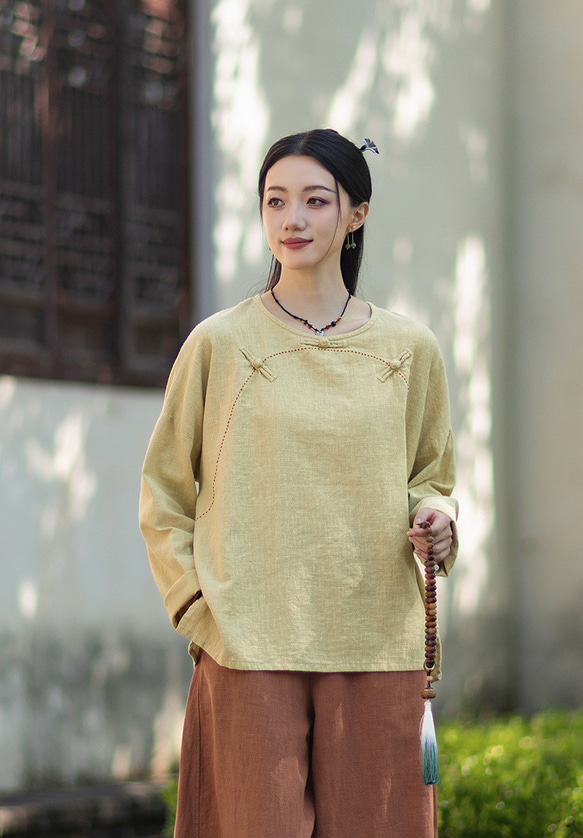 ラミーTシャツ 中国結びボタン 秋の新作 オリジナルデザイン レディース 長袖 ナチュラル素材 #黄色 6枚目の画像