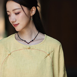 ラミーTシャツ 中国結びボタン 秋の新作 オリジナルデザイン レディース 長袖 ナチュラル素材 #黄色 8枚目の画像