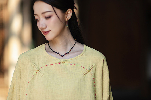 ラミーTシャツ 中国結びボタン 秋の新作 オリジナルデザイン レディース 長袖 ナチュラル素材 #黄色 8枚目の画像