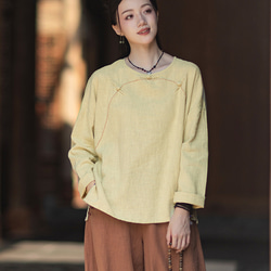 ラミーTシャツ 中国結びボタン 秋の新作 オリジナルデザイン レディース 長袖 ナチュラル素材 #黄色 7枚目の画像