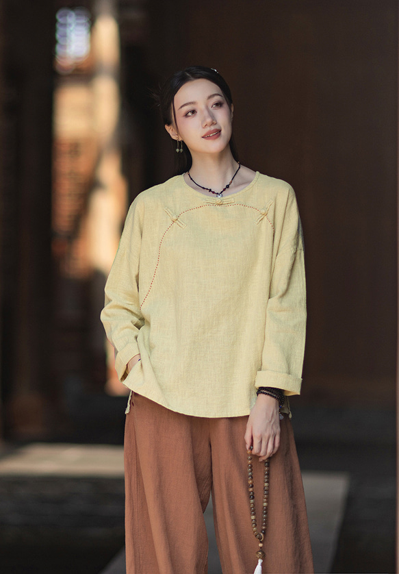 ラミーTシャツ 中国結びボタン 秋の新作 オリジナルデザイン レディース 長袖 ナチュラル素材 #黄色 7枚目の画像