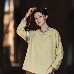 ラミーTシャツ 中国結びボタン 秋の新作 オリジナルデザイン レディース 長袖 ナチュラル素材 #黄色 2枚目の画像