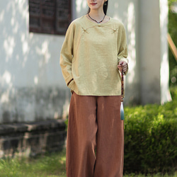 ラミーTシャツ 中国結びボタン 秋の新作 オリジナルデザイン レディース 長袖 ナチュラル素材 #黄色 10枚目の画像