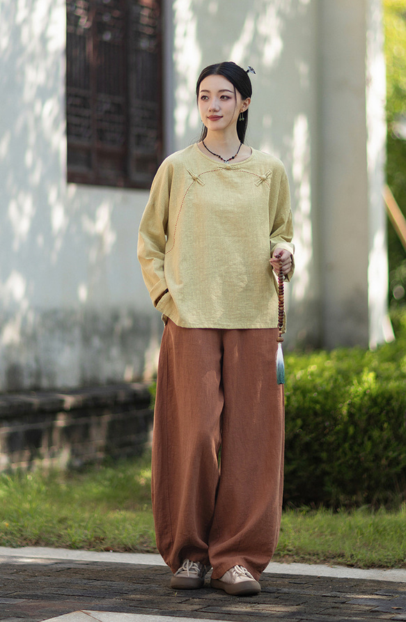 ラミーTシャツ 中国結びボタン 秋の新作 オリジナルデザイン レディース 長袖 ナチュラル素材 #黄色 10枚目の画像