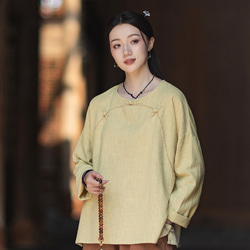 ラミーTシャツ 中国結びボタン 秋の新作 オリジナルデザイン レディース 長袖 ナチュラル素材 #黄色 5枚目の画像