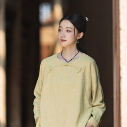 ラミーTシャツ 中国結びボタン 秋の新作 オリジナルデザイン レディース 長袖 ナチュラル素材 #黄色 3枚目の画像