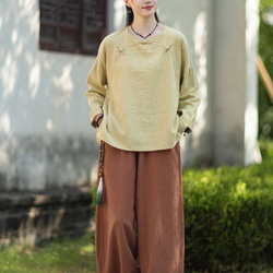 ラミーTシャツ 中国結びボタン 秋の新作 オリジナルデザイン レディース 長袖 ナチュラル素材 #黄色 9枚目の画像